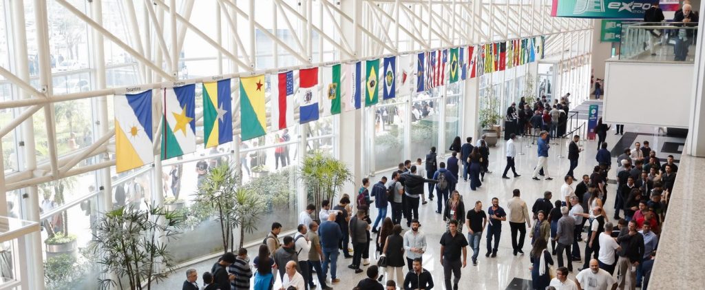 A general shot of the entrance of SET EXPO's convention center, filled with attendees.