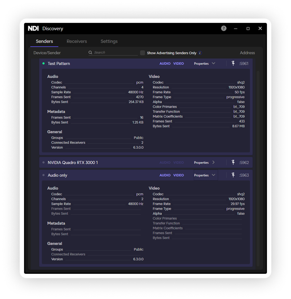 NDI Discovery Interface (Senders)